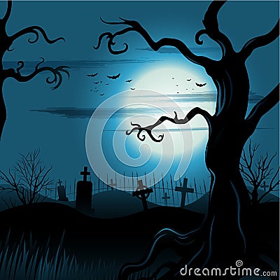 Creepy tree Halloween background with full moon Vector Illustration