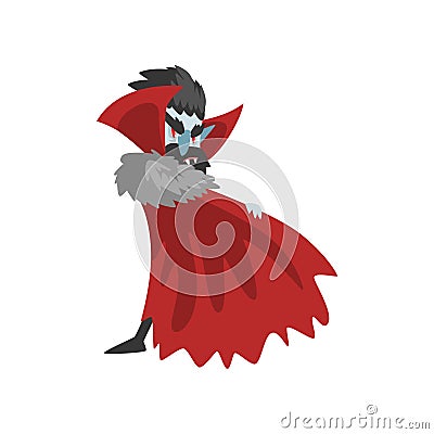 Creepy vampire cartoon character in a red cape, Count Dracula vector Illustration on a white background Vector Illustration
