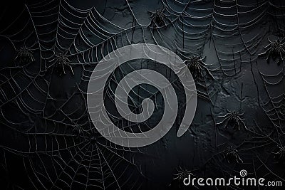 Creepy web and black spiders on dark wall, Halloween night background Stock Photo