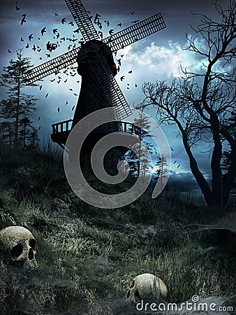 Creepy windmill and birds Stock Photo