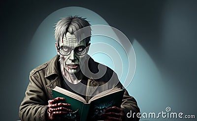 A creepy zombies with glasses reading a book in a dark room. Portrait of a zombie man. Generative AI. Stock Photo