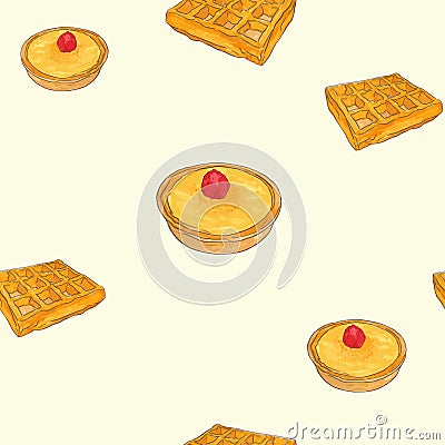 Creme brulee tart and waffle sketch pattern Stock Photo