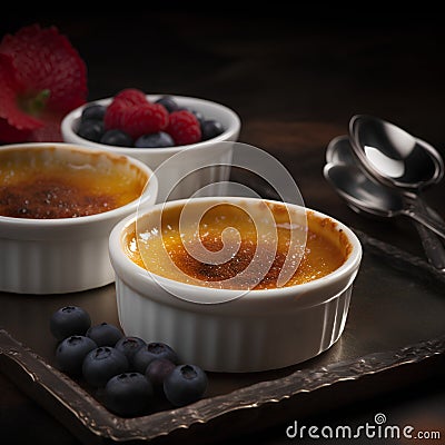 Creme brulee, traditional french vanilla cream dessert with fresh berries. Stock Photo