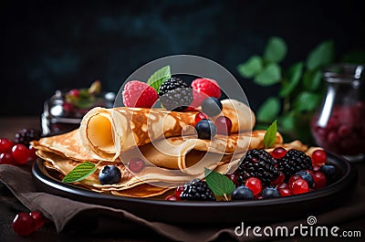 Crepes berries homemade ceramic plate. Generate Ai Stock Photo