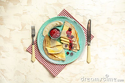 Crepes with fresh berries on rustic wooden background with space for text, top view. Pancake. sweet breakfast. food recipe Stock Photo