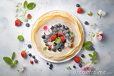 Crepes with fresh berries. Sweet homemade pancakes. Generative AI Cartoon Illustration