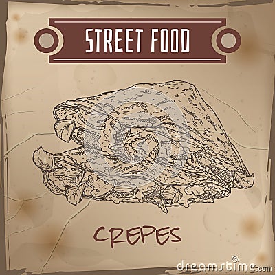 Crepes with meat, cheese and mushrooms sketch on grunge background Vector Illustration