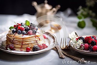 Crepes, thin pancakes with jam and fresh berries Stock Photo