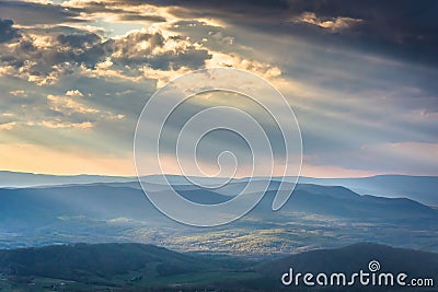 Crepuscular rays over the Appalachians, seen from Skyline Drive Stock Photo