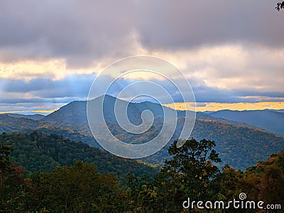 Crepuscular rays over Blue Ridge Mountains Stock Photo