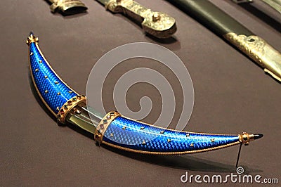 Crescent dagger. Author and manufacturer of Damascus steel Yu.Sarkisyan. St. Petersburg, 2012 Editorial Stock Photo