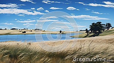 Crescent Lake: A Realistic Rendering Of A Midwest Grassland Stock Photo