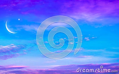 Crescent moon with beautiful sunset background . Generous Ramadan Stock Photo