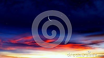 Crescent moon with beautiful sunset background . Generous Ramadan . Stock Photo