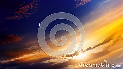 Crescent moon with beautiful sunset background . Generous Ramadan . Stock Photo