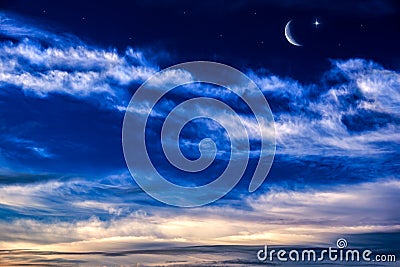 Beautifully summer landscape . Crescent moon with beautiful sunset background . Generous Ramadan . Light from sky . Religion backg Stock Photo