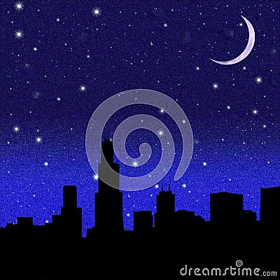 Crescent Moon and black starry sky over city Stock Photo