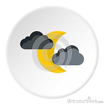 Crescent moon and clouds icon, flat style Vector Illustration