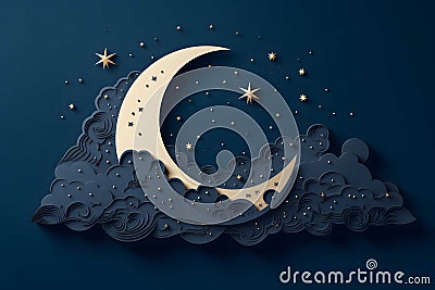 The crescent moon cloudy star papercut style, dark blue background, Generated AI Stock Photo