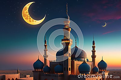 Crescent Moon Cradled Atop a Minaret During Ramadan: Illuminated Against a Twilight Sky, Worshippers in Silhouette Stock Photo