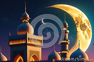 Crescent Moon Cradled Atop a Minaret During Ramadan: Illuminated Against a Twilight Sky, Worshippers in Silhouette Stock Photo