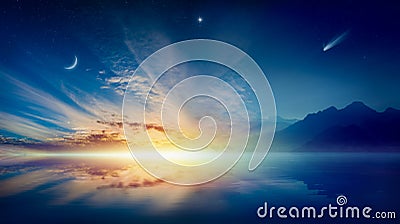 Crescent moon, glowing clouds, bright star and comet above serene sea Stock Photo