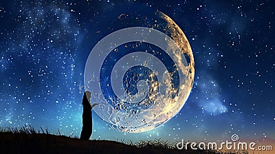 Crescent moon, hanging low in a clear night sky. Muslim person in thoughtful contemplation. Stock Photo