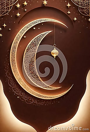 a crescent moon hangs on a brown background with a gold lanterns and stars Stock Photo