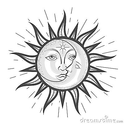 Crescent moon inside sun with a face, magical astrology and celestial alchemy, zodiac sign, tarot, device of the universe Vector Illustration