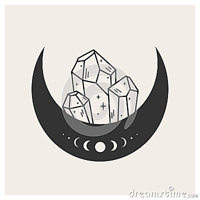 Crescent moon with crystals Vector Illustration
