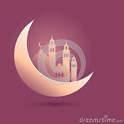 Crescent Moon With Mosque Silhouette Islamic Background Vector Illustration