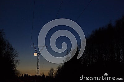 Crescent Moon and power line Stock Photo