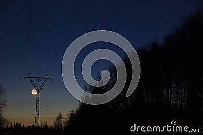 Crescent Moon and power line Stock Photo