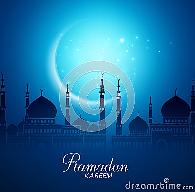 Crescent Moon and Silhouette Mosque for Ramadan Kareem Background Vector Illustration