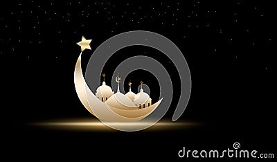 Crescent Moon and star with Mosques Dome on black background. for eid al-fitr, arabic, Eid al-adha, new year muharram. Ramadan Stock Photo