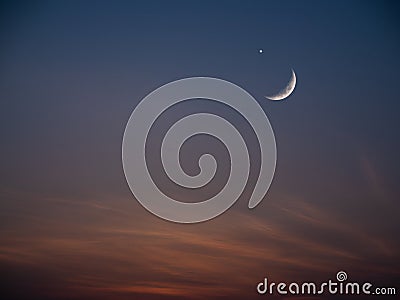 Crescent Moon Star on Sunset Background Ramadan Kareem Muslim Night Symbols,Landscape View Mubarak RamaZan Arabic Holy month Stock Photo