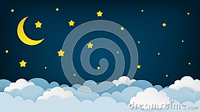 Crescent moon, stars, and clouds on the midnight sky background. Night sky scenery background. Paper art style. Vector Illustration