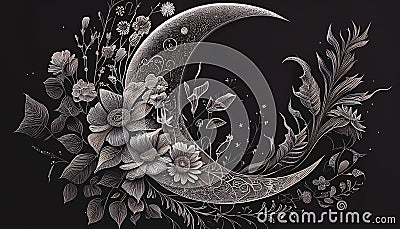 Crescent moon stars flowers ink illustration Cartoon Illustration