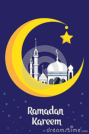 Crescent moon with white mosque for muslim community festival Eid Al Fitr Mubarak. Vector Illustration