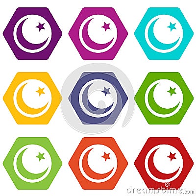 Crescent and star icon set color hexahedron Vector Illustration