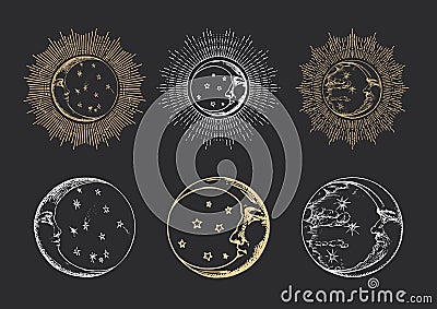 Crescents and Moons with halo, vector images Vector Illustration
