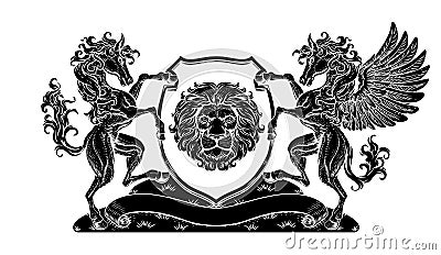 Crest Pegasus Horse Coat of Arms Lion Shield Seal Vector Illustration