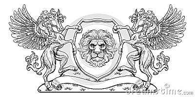 Crest Pegasus Horses Coat of Arms Lion Shield Seal Vector Illustration