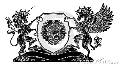 Coat of Arms Crest Pegasus Unicorn Lion Shield Vector Illustration