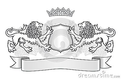 Crest with two lions, crown and a shield Vector Illustration