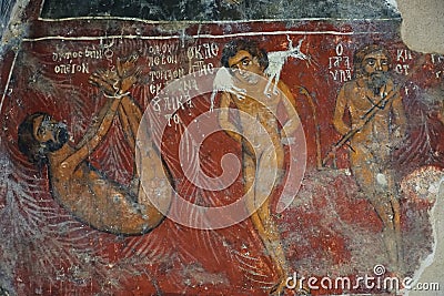 The frescoed interior of Church of Panagia Kera, Crete Editorial Stock Photo