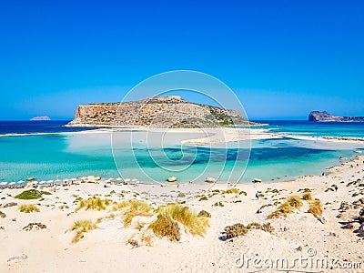 Crete, Greece: Balos lagoon paradisiacal view of beach and sea, one of the most tourist destinations on west of Crete. Stock Photo
