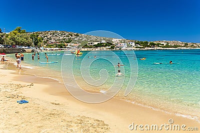 CRETE, GREECE - JULY 01 2023: Beautiful sandy beach and clear, shallow waters of Marathi near Chania in Western Crete (Greece Editorial Stock Photo