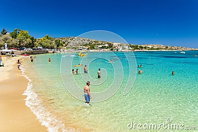 CRETE, GREECE - JULY 01 2023: Beautiful sandy beach and clear, shallow waters of Marathi near Chania in Western Crete (Greece Editorial Stock Photo