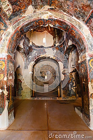 Interior of the three-aisled Byzantine Church Panagia Kera in the village Kritsa, Crete, Greece Editorial Stock Photo